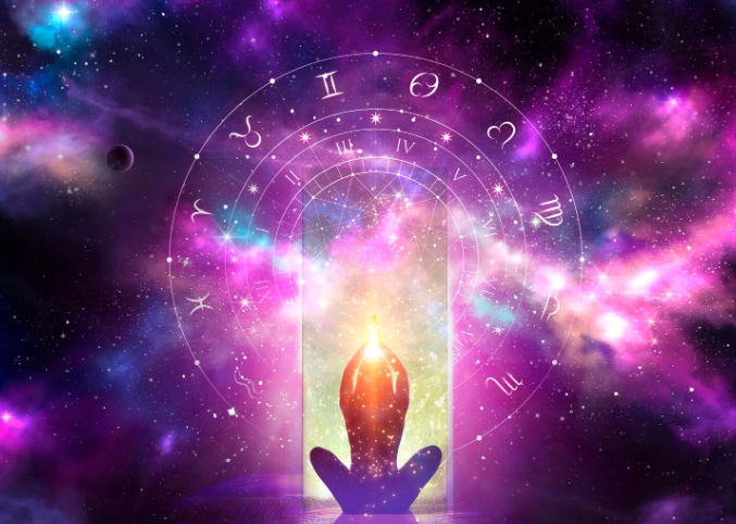 Zodiac wheel over a cosmic portal