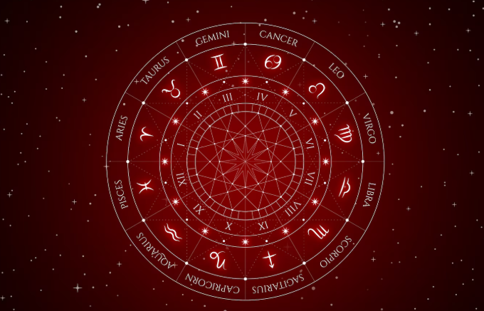Zodiac wheel on a deep red starfield