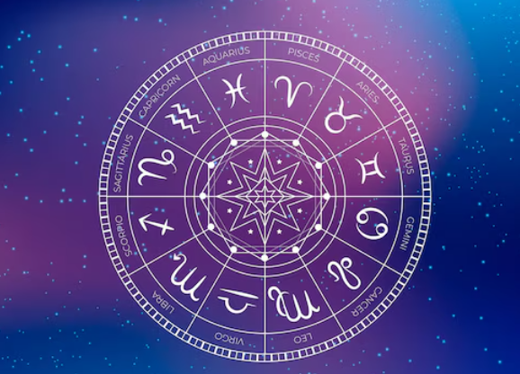 Zodiac wheel on a blue and violet starfield