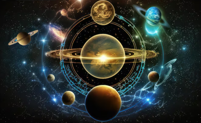 Planets orbiting in a cosmic chart
